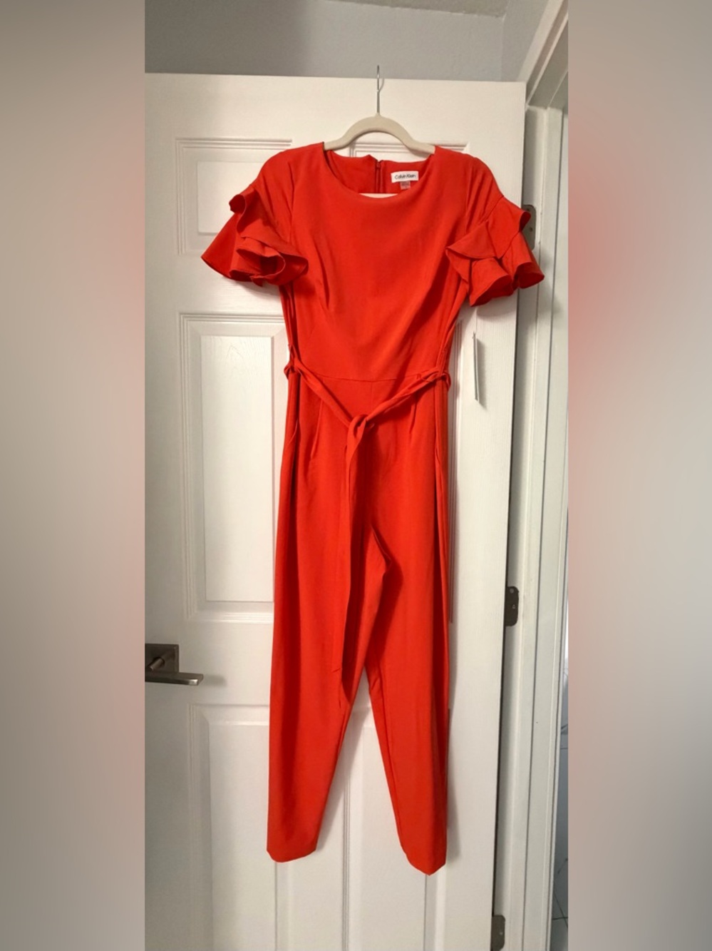 Calvin Klein Red Ruffle Sleeve Tie-Waist Jumpsuit